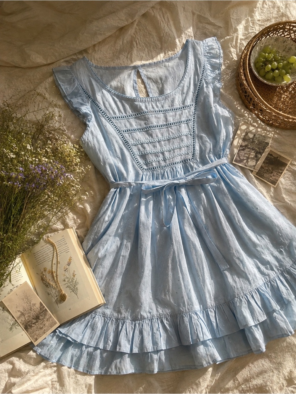 Vero Moda Light Blue Eyelet Ruffle Midi Dress